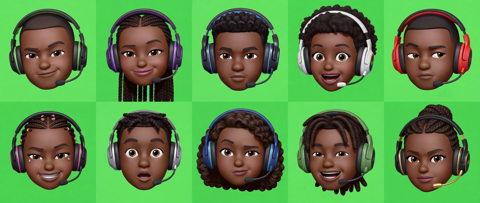 Ten stylized 3D gaming avatars with headsets on green backgrounds, generated with Nano Banana 2.0